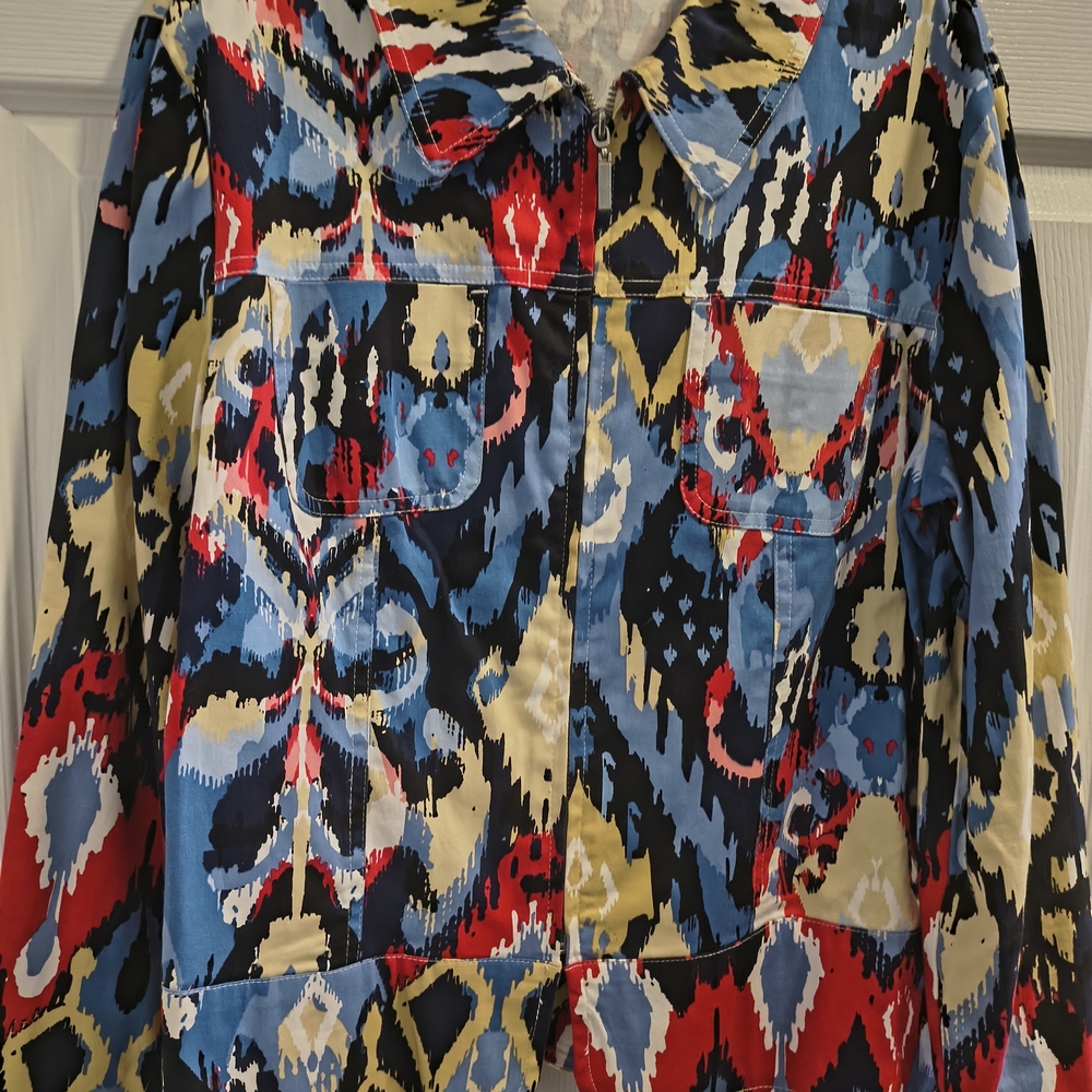Patchington Multicolor Ikat-Print Jean Jacket in Blue, Red & Yellow